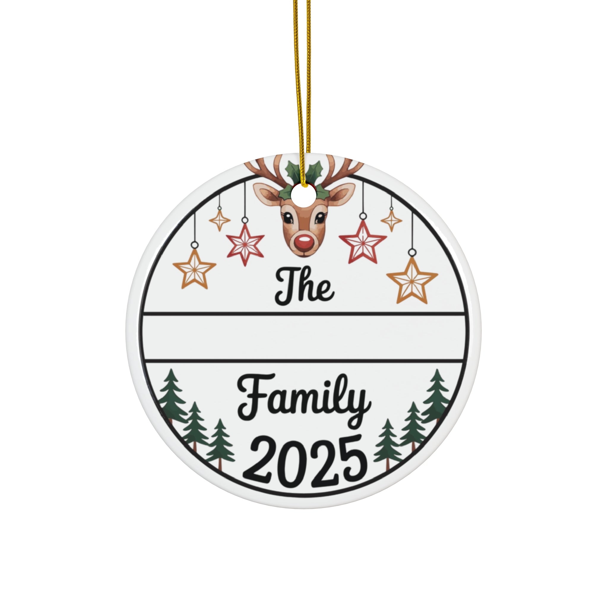 Personalized Family 2025 Ceramic Christmas Ornament — Reindeer & Pine Tree Design