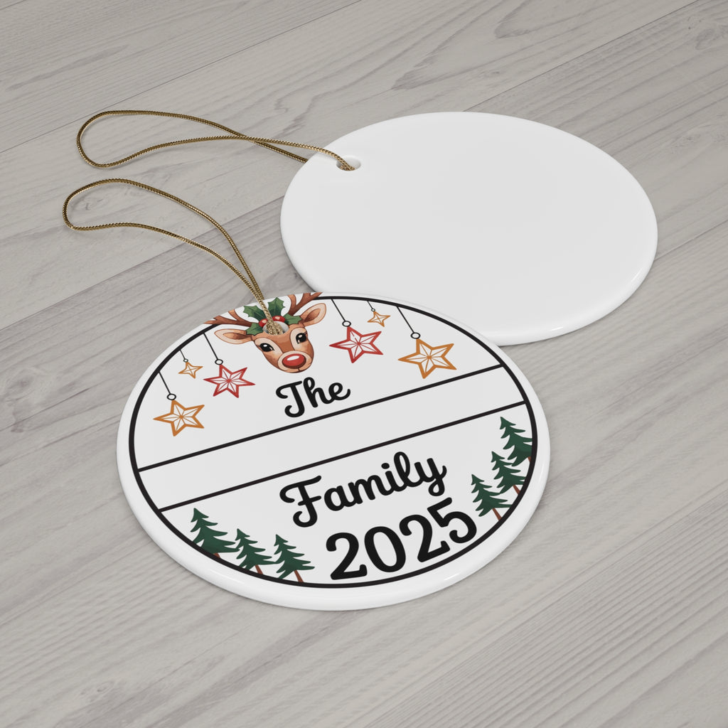 Personalized Family 2025 Ceramic Christmas Ornament — Reindeer & Pine Tree Design