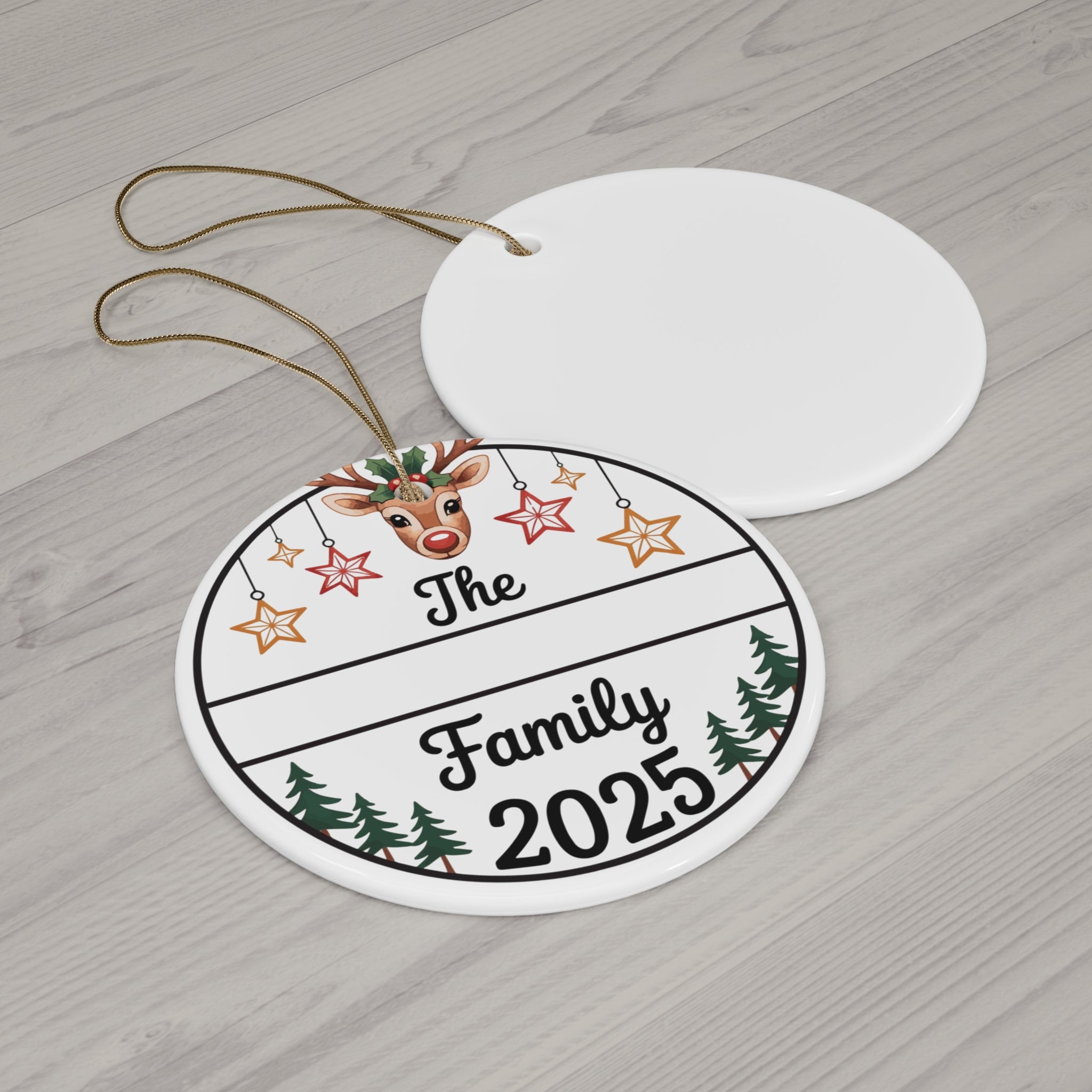 Personalized Family 2025 Ceramic Christmas Ornament — Reindeer & Pine Tree Design